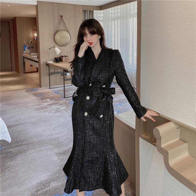 

EWQ] 2020 Winter Female Turn Down Collar Double Breasted Minimalist Loose Black Lurex Tweed Jacket Mermaid Lace Up Coat 8Q428