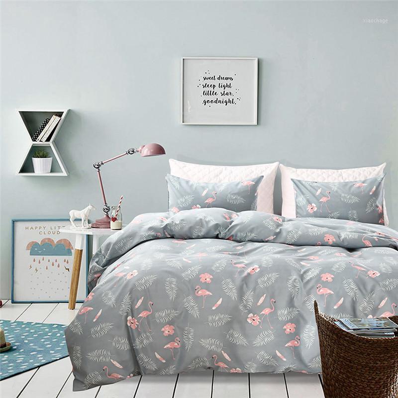 

HM Life Bedding Set 3Pcs/Set Elegant Simple Style Pink Flamingos Printing Soft Bedclothes 3 Sizes Fashion Duvet Cover Sets1, Light gray