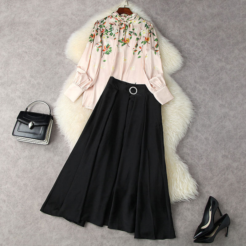 

2022 Spring Long Sleeve Round Neck Multicolor Floral Print Blouse + High Waist Mid-Calf Skirt Two Piece Suits 2 Pieces Set 21D262006, Multi