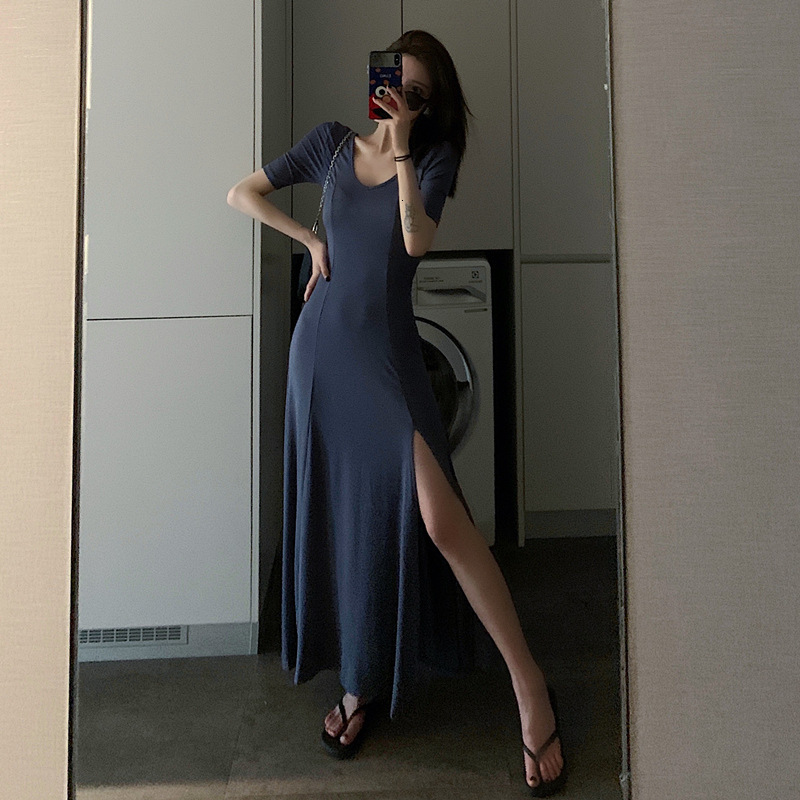 

2021 New Spring solid female temperament simple around the neck short sleeve sexy narrow waist show thin dress XBXA, Mustard yellow.