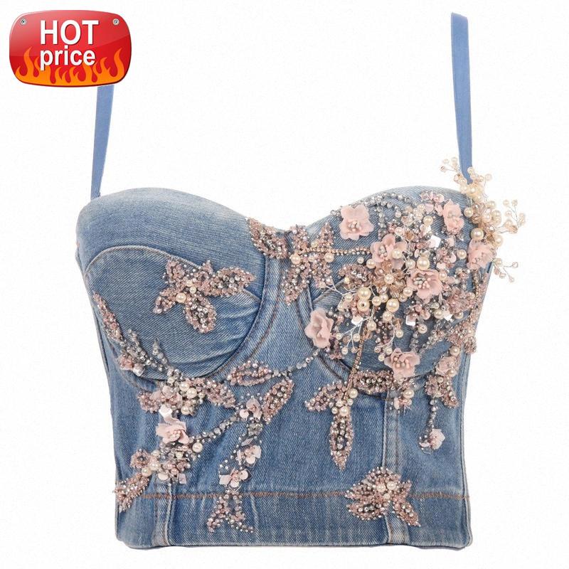 

Sexy Backless Handmade Iron Tree Pearl Camis 2020 New Push Up Spaghetti Strap Padded Wire Free Denim Slim Crop Tops For Dancer #pv07, White
