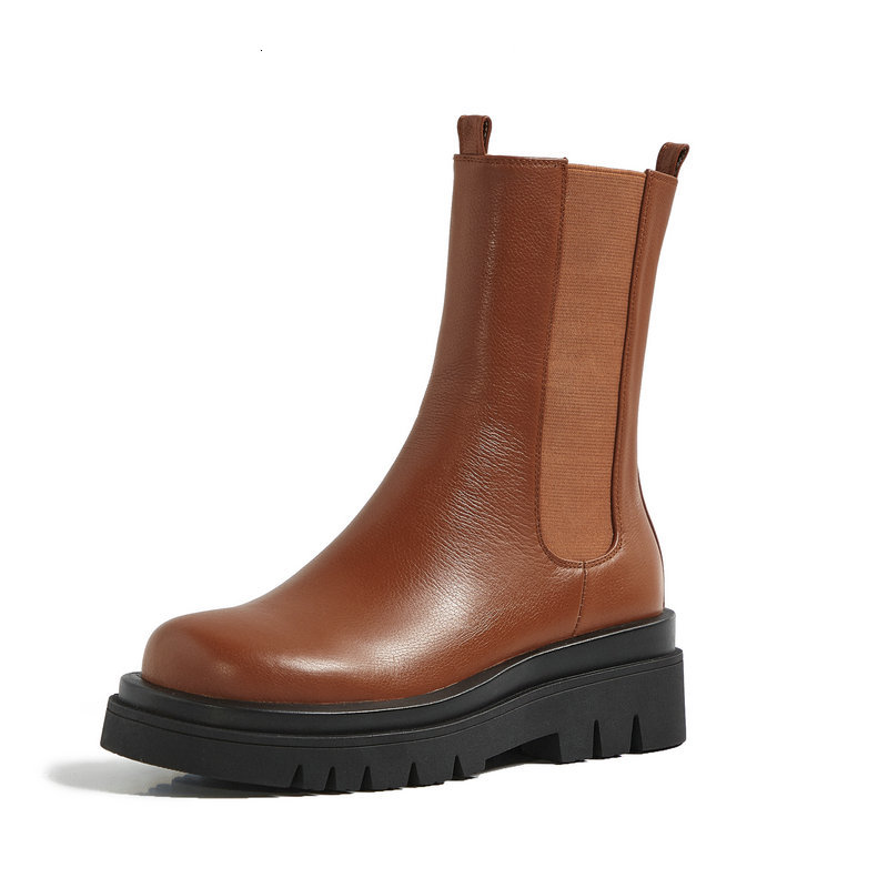 

2021 New Flats Women Ankle Warm Genuine Leather Motorcycle Boots Chunky Heels Casual Autumn Winter Shoes Woman Si5t, Short brown