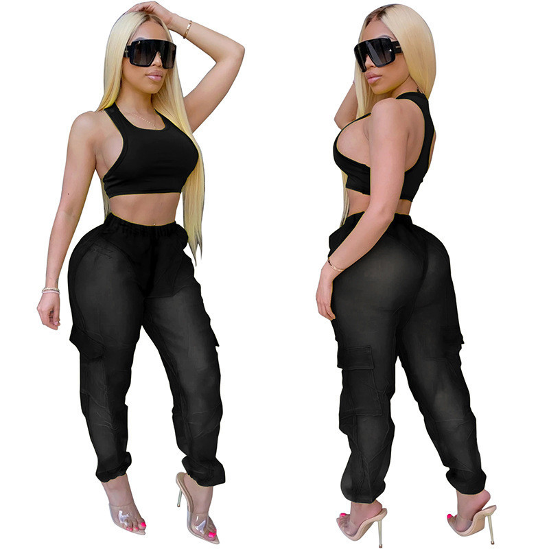 

2021 New Long Define Sexy Female Set Two More Size See-through Crop Top and Suit Clubwear Pants Combining Tracksuits 35TA, Red