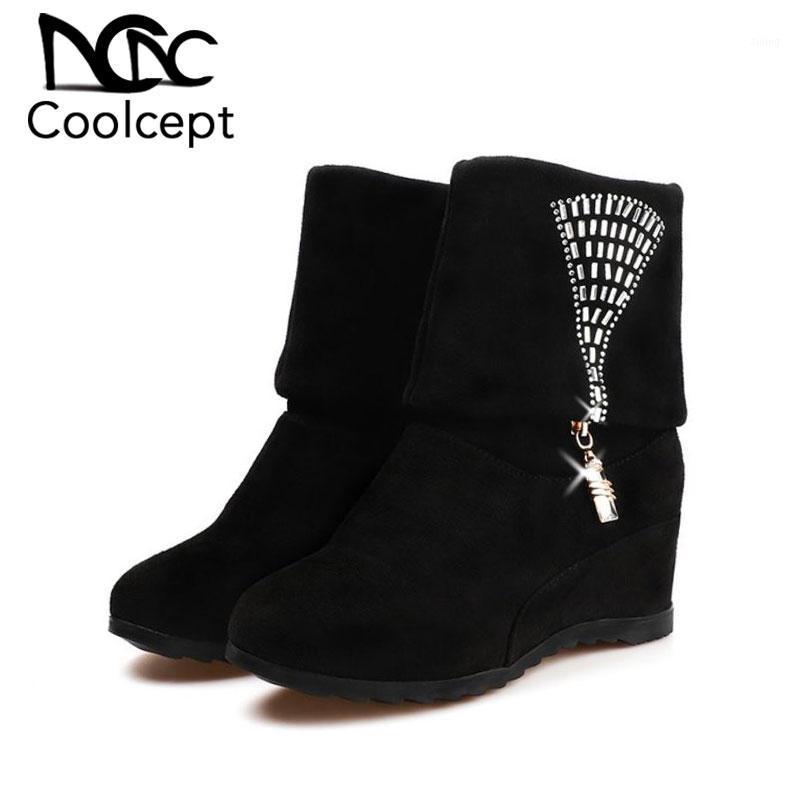 

Coolcept Women Half Short Boots Fashion Crystal Zipper Wedges Shoes Women Black Casual Round Toe Winter Footwear Size 35-401
