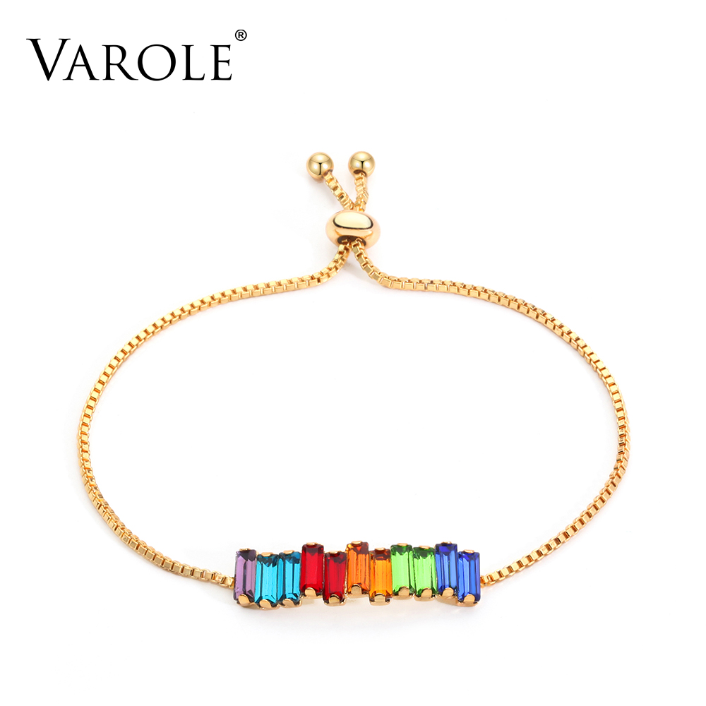 

VAROLE 7in (Adjustable size) Rainbow Crystal Bracelets Bangles Gold Color Colorful Bracelet For Fashion Women Jewelry Gifts