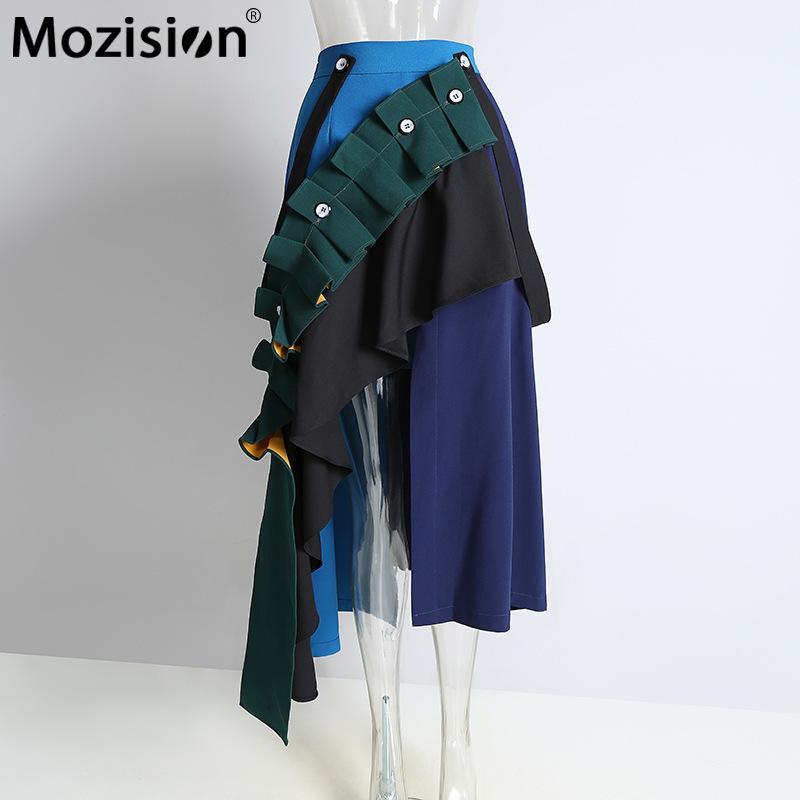 

Mozision Cotton Patchwork Irregular High Waist Skirt Women 2020 Autumn Winter New Streetwear Split Ruched Skirts Fashion, Picture color