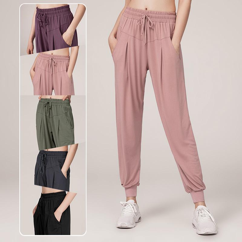 

New solid color pocket thin yoga pants women autumn loose high waist running sports ladies fitness pants, Black