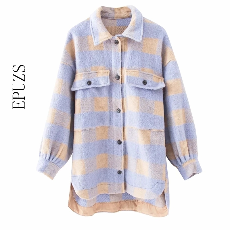 

Fashion purple plaid women coats and oversized long sleeve jackets women long woolen jacket casual plaid top female long shirt 201104, As picture