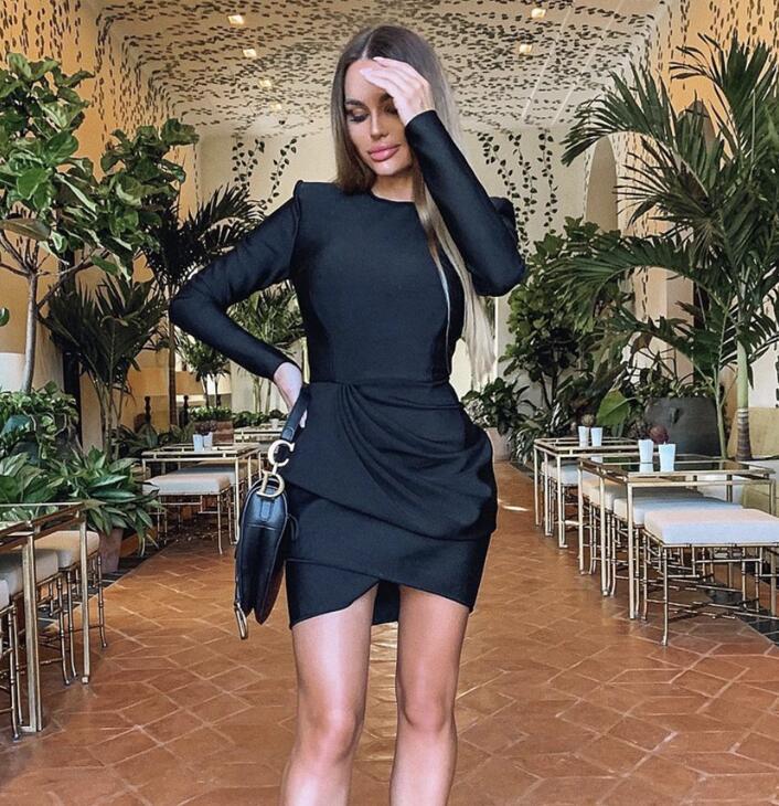 

Women Winter Sexy Long Sleeve Draped Black Mini Bodycon Bandage Dress 2020 Designer Elegant Evening Party Dress Vestido