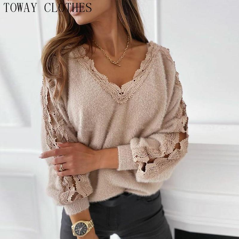 

Women Solid Long Sleeve Loose Cut-out Lace Splicing Sweater, Apricot