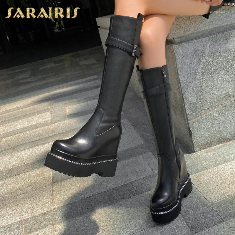 

Sarairis 2020 New Arrivals Genuine Leather Chunky Heels Knight Boots Female Waterproof Non-Slip Popular Boots Woman Shoes1, Black