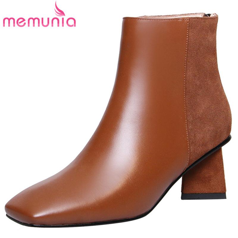 

MEMUNIA 2021 Top Quality Genuine Leather High Heel Boots Women Dress Party Shoes Square Toe Zip Autumn Winter Ankle Boots Women, Black not fur