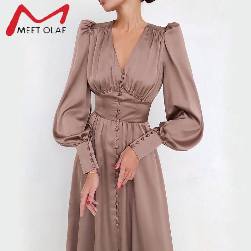 

Single Breasted Sexy Dress Party Clud High Waist Satin Long Dress Elegant V Neck Women Midi Dresses Lantern Sleeve, Black