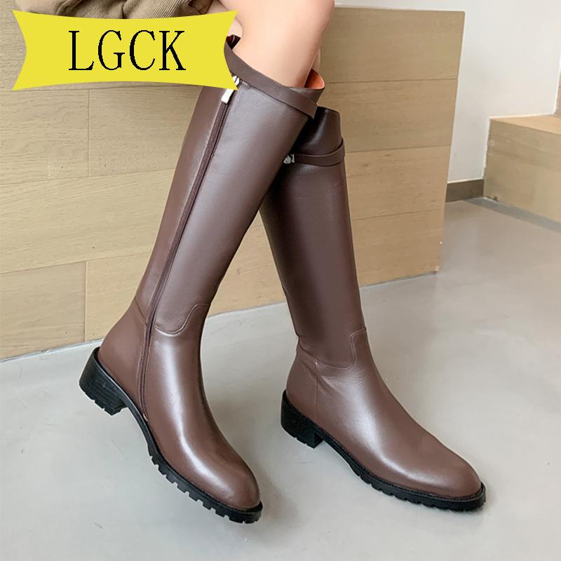 

Big Size 34-43 Knee High Boots Women Shoes Natural Genuine Leather Low-heeled Riding Boots Zipper Ladies Long Boot Autumn Black, Brown