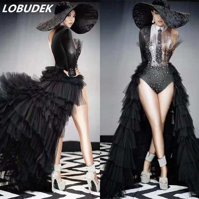 

Fashion Black Tailing Rhinestones Bodysuit Women Singer Dance Costume Party Show Leading Dancer Performance Clothes Birthday Stage Wear
