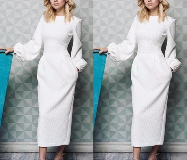 

A019-2020 autumn and winter new long sleeve Lantern Sleeve round neck waistband dress, White