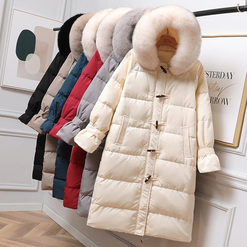 

2020 New Winter Medium Long Thick White Duck Down Jacket Women Oversize Horn Button Hooded Real Fur Down Casual Coat, Beige
