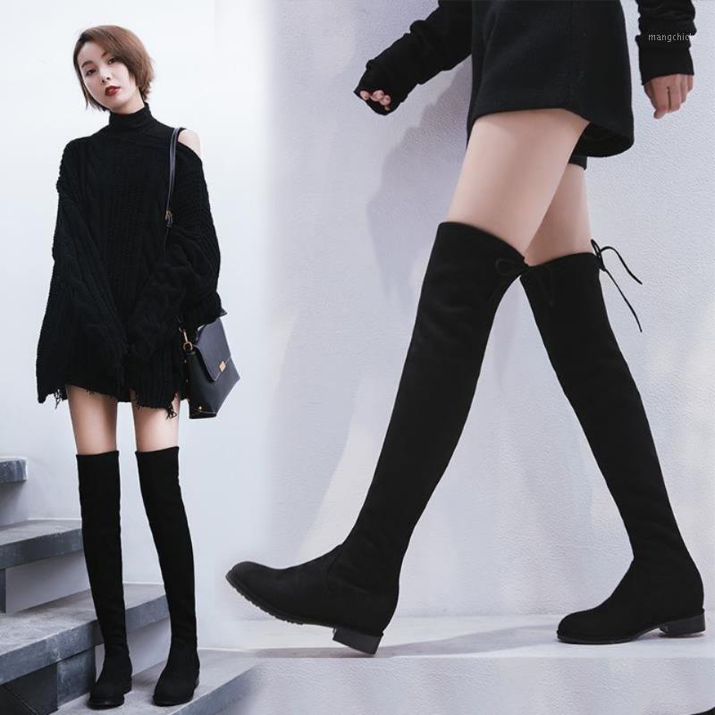 

Over-The-Knee Boots 2020 New Women Autumn Winter Warm Stretch Boots Student High Cotton Female Spring Single 35-411, Black - single
