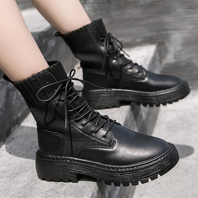

2020 Women Motorcycle Boots Ankle Boots Lace-up Platforms Autumn Comfortable Soft Cloth Leather Upper Fashion Black Ladies1, Black dark light
