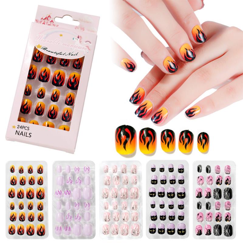 

24Pcs/Set Children Halloween False Nail Tips Full Cover Kid Self Fake Nail Art For Girls DIY Manicure Tips Nails Decorations, 05