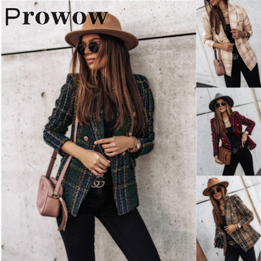 

Prowow Autumn winter Women Casual Check Thin Jacket Female fashion Slim Long Sleeve turn down collar short Plus size Coat S-3XL, Khaki