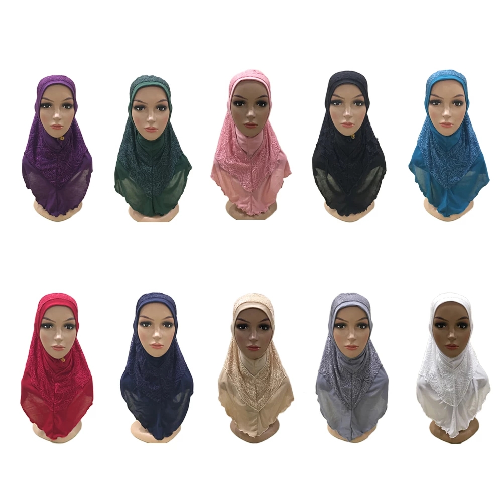 

One-Piece Amira Instant Hijab Ready to Wear Lace Head Wrap Muslim Islamic Headscarf Pull on Headwear Bandanas 70*60cm, Pls remark