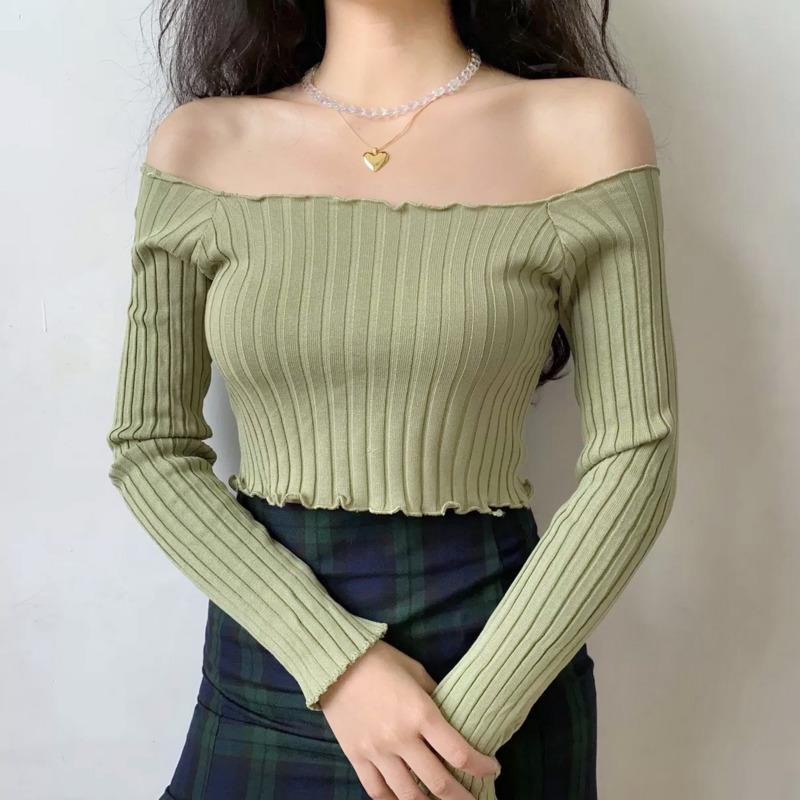 

Europe Autumn Sexy One-line Collar Short Slim Knit Tops Women's Base Full Sleeve Seyx Lace Womens Sweater Top D7B1, Black