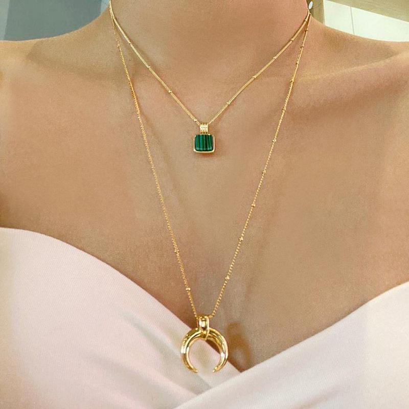 

Titanium With 18K Gold Natural Green Stone Geo Necklaces Women Jewelry Punk Party Designer Club T Show Korea Japan