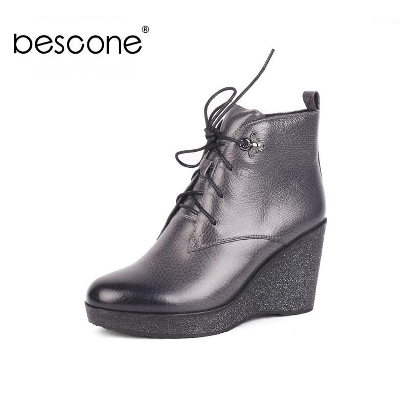 

BESCONE Special Design Boots High Quality Genuine Leather Comfortable Wedge Round Toe Sewing Solid Shoes New Women's Boots BC5321, Black