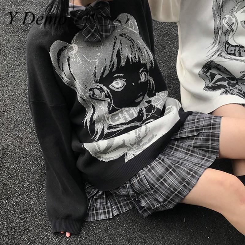 

Y Demo Harajuku Alternative Knitted Sweater Women Oversized Long Sleeve Loose O-neck Pullover Female Winter, Black
