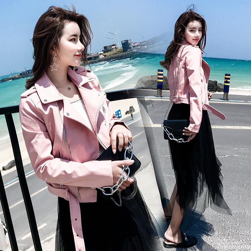 

2020 New Spring Autumn PU Leather Jacket Faux Soft Leather Short Coat Slim Black Rivet Zipper Motorcycle Pink Jackets LX2597, Yellow standard