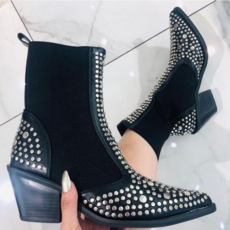 

women ankle boots mid heels shoes woman booties PU leather pointed toe matin shoe chaussures femme zapatos mujer sapato D2384, Black