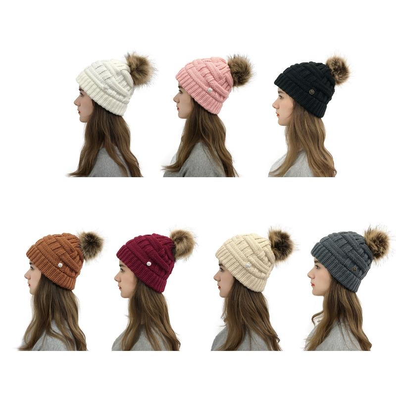 

Women Warm Plaid Knitted Beanie Cap with Removable Pompom Protect Ears Buttons Criss Cross Winter Skull Hat, Bk