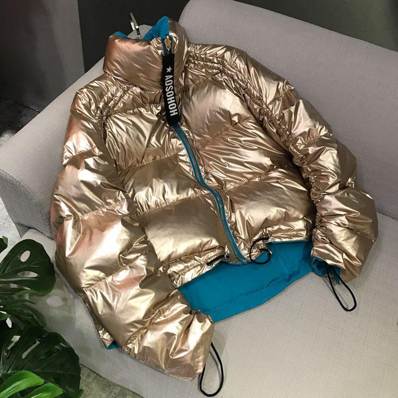 

Winter thicker warm double side wear down coats female glossy fabric high collar duck down coats longer warm oversize outerwear, Golden wth blue