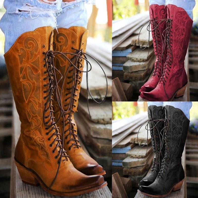 

Women's Boots Retro Women Lace-Up Square Heel Solid Color Middle Tube Boots Toe Shoes Zipper Comfortable Flat Sneakers1
