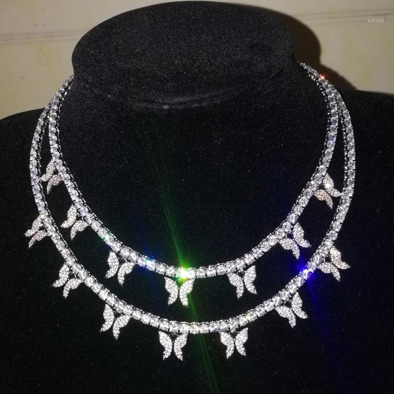 

Fashion Iced Out Bling Butterfly Choker Pendant Necklace Gold Silver Color with 4mm Tennis Chain Hip Hop Jewelry for Men Women1