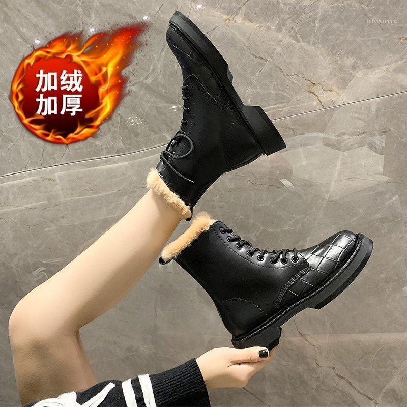 

2020 Winter Fashion Women's Boots Lace Up Calf Round Head Women's Boots Black Mid Heel Square Heel PU Women Shoes1