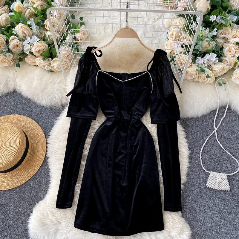 

Lady 2021 New Fashion Autumn and Winter Square Neck Long Sleeve Slim Short Retro Velvet Dress Women Elegant Vestidos Q505, Black