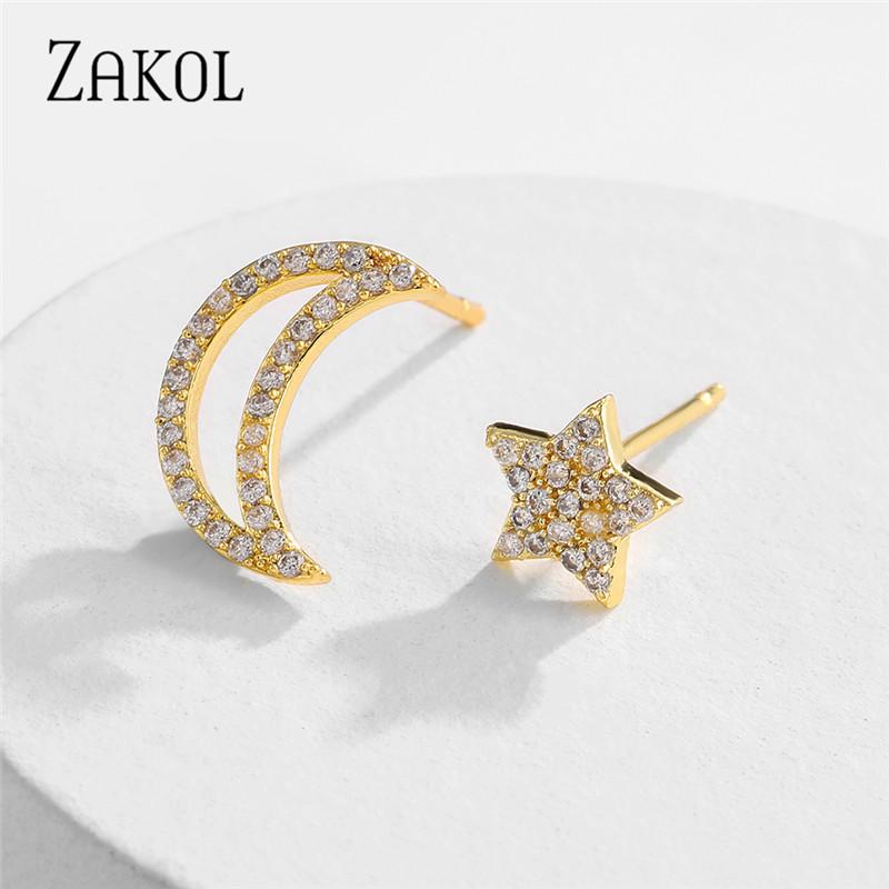 

ZAKOL Korean Fashion Star Moon Shape Asymmetry Cute Stud Earrings with Cubic Zirconia Five Pointed Star Women Girl Party Jewelry