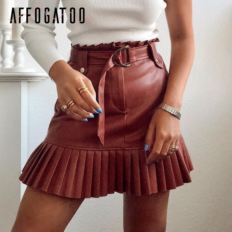 

Affogatoo Sexy Party club belt PU leather mini skirt women Elegant ruffle high waist female skirt Chic Autumn ladies short skirt Y200326, Black