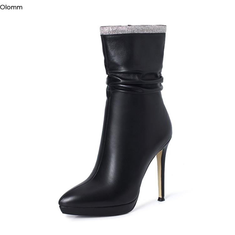 

Olomm Hot Women Leather Ankle Boots Shiny Crystal High Heels Boots Nice Pointed Toe Black White Party Shoes Women US Size 3-9.5, D1915 black suede