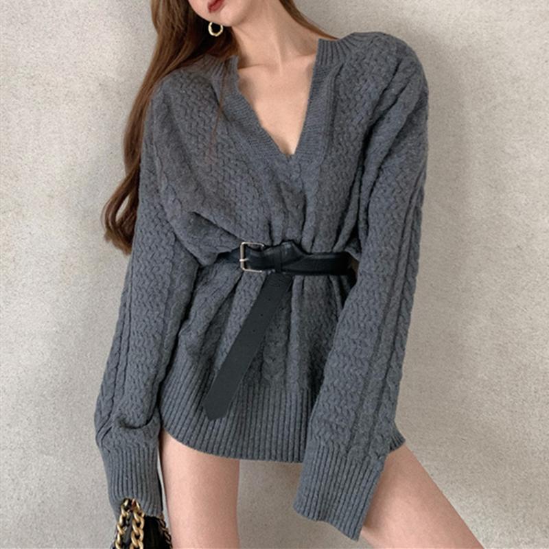 

Vintage Minimalist Korean Knitted Ladies Tops New 2021 Autumn Winter Women's Sweaters Oversize V-Neck Pullovers, Beige