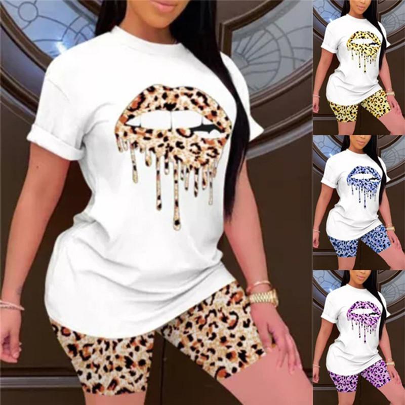 

2020 Women Sport Tracksuit Lip Print Tee Tops Leopard Shorts Jogger Pants Suit Two Piece Set Matching Set Outfits, Brown