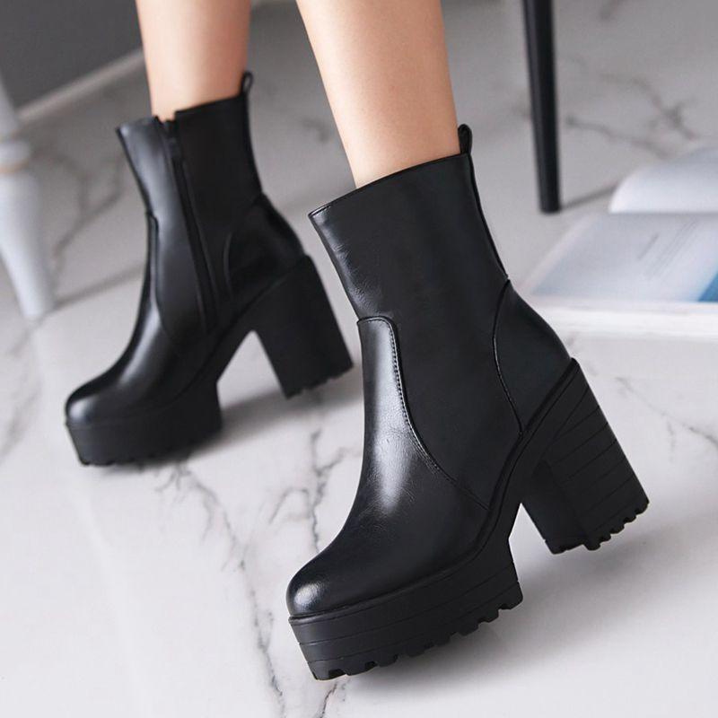 

Big Size Woman Autumn Winter Boots Womens Ladies Chunky Wedge Platform Black Leather Ankle Boots Punk Goth Shoes White Booties