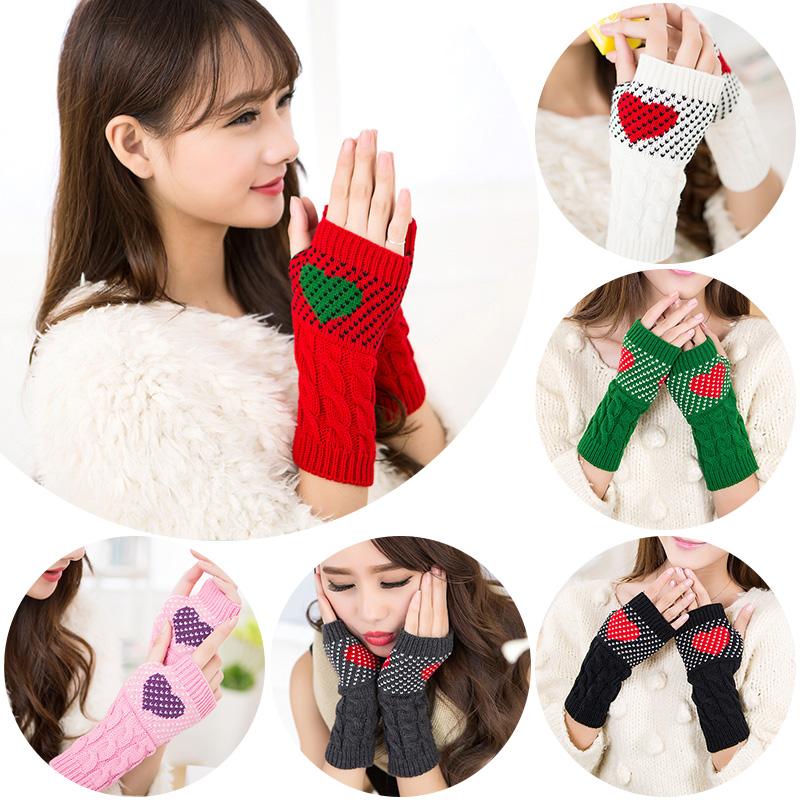 

Winter Warm Knitted Fingerless Gloves Solid Color Heart Patten Printed Glove Women Hand Wrist Warmer Mittens