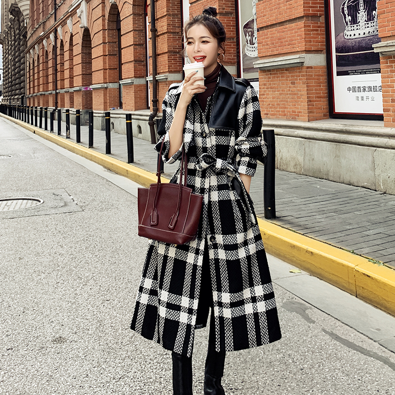 

2021 New Women' Wool Jacket New Long Black White Plaid Loose Lapel Single-breasted Thick Fashion High-end Coat 9f 30ub, Black and white grid