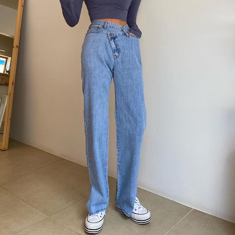 

Women Casual Long Pants Solid Denim Jeans Special Waist Female Blue Solid Color Straight-leg Jeans for Any Seasons, / M/ L, As pic