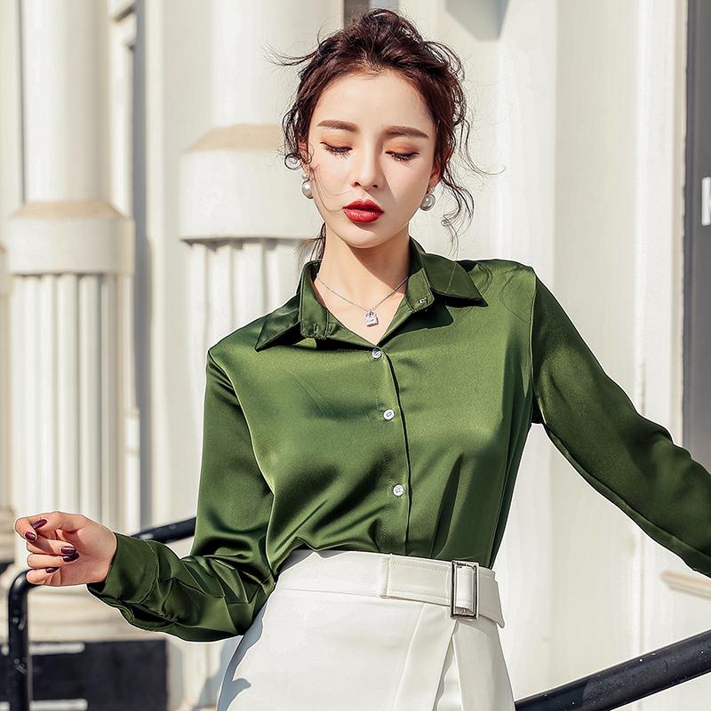 

Women Elegant Spring Long Sleeve Satin Blouse Shirt Feminine Turn Down Collar Solid Office Party Blusas Fashion Tops, Black