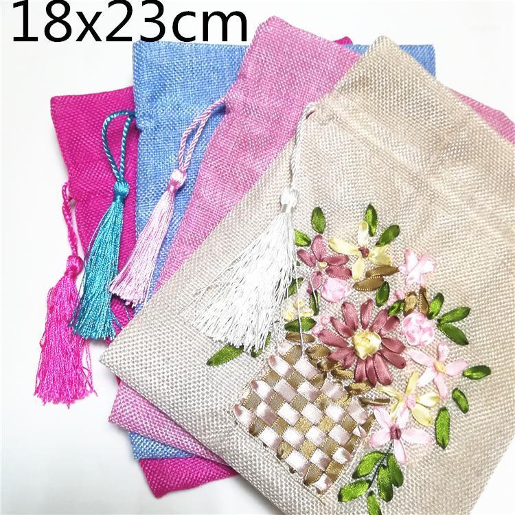 

Hand Ribbon Embroidery Large Burlap Gift Bag Christmas Pouch Candy Bag Drawstring Bunk Fabric Wedding Party Favor Bags 50pcs/lot1