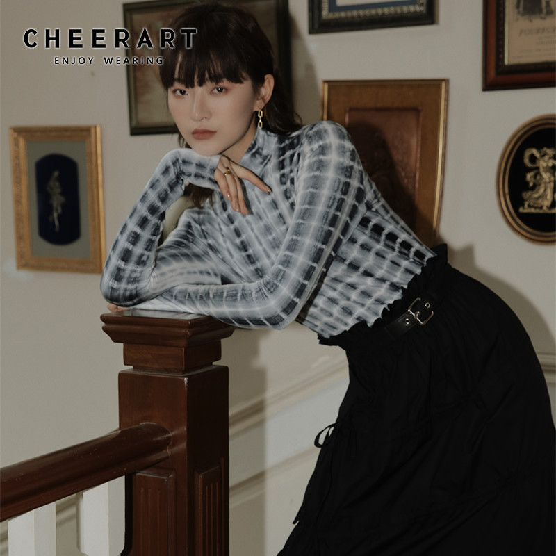 

CHEERART Tie Dye T Shirt Turtle Neck Long Sleeve Top Casual Tee Shirt Femme Korean Style Fashion Women Clothing 201125, Beige